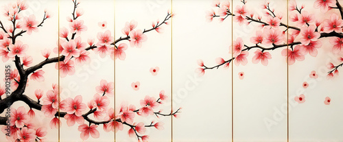 Folding screen with cherry blossom trees, 
Front view image of Japanese culture