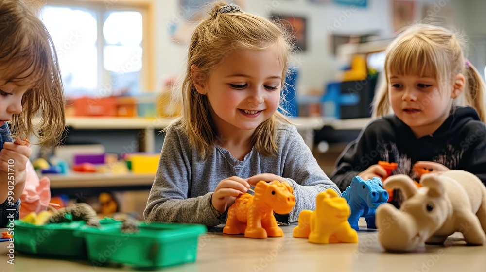 Fototapeta premium Three Young Girls Playing with Plastic Animal Toys in a Classroom