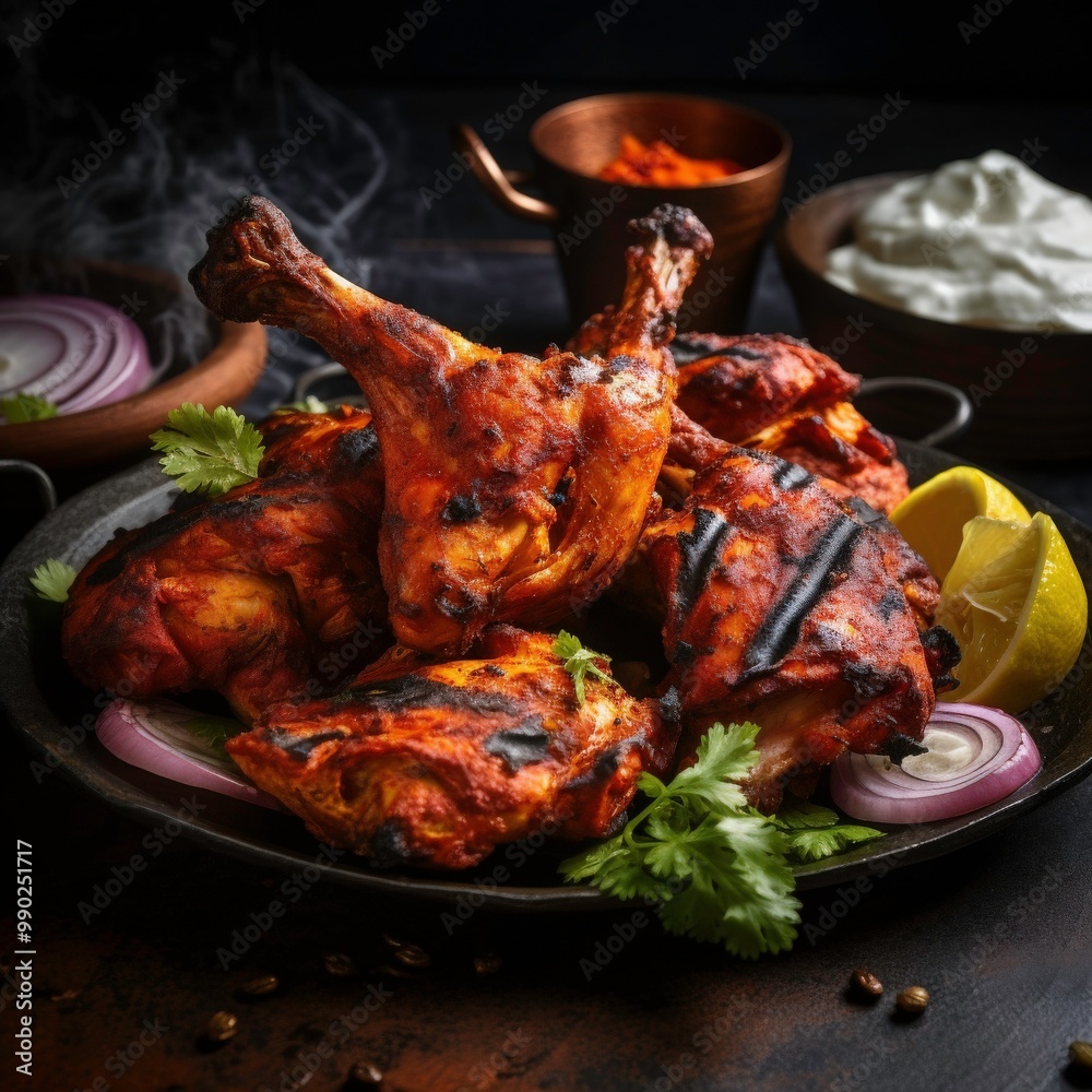 Grilled chicken, lemon, onion, cilantro on plate ideal for food blogs, restaurant menus, cooking magazines, recipe cards, and social media posts. Generative AI Grilled chicken, lemon, onion, cilantro on plate ideal for food blogs, restaurant menus, cooking magazines, recipe cards, and social media posts. Generative AI
