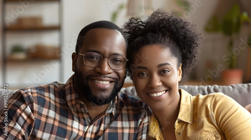 Portrait of a happy family couple on the couch at home. Loving husband and wife in casual plaid and checkered shirts sitting together on the sofa, looking at the camera and smilin