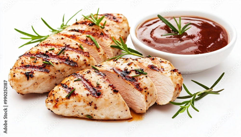Grilled chicken breast served with savory barbecue sauce and fresh herbs, ideal for healthy meals and culinary presentations. Grilled chicken breast served with savory barbecue sauce and fresh herbs, ideal for healthy meals and culinary presentations.