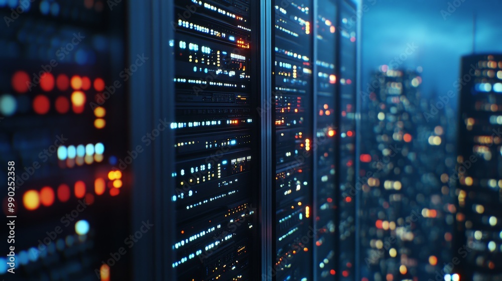 Futuristic Server Rack in the City Skyline Futuristic Server Rack in the City Skyline