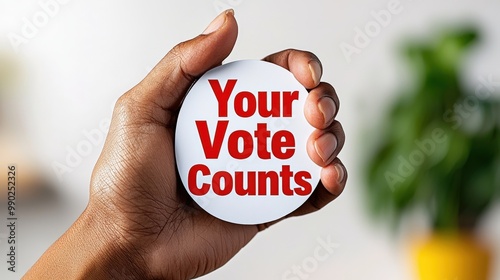 Hand holding a round badge with the message 'Your Vote Counts' to promote civic engagement and voter participation.