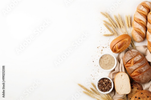 assorted bread cooking ingredients on the table on the left, white background with copy space, top view, ideal for packaging design, food blogs. Generative AI