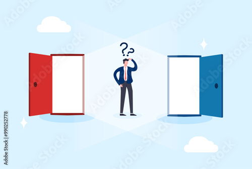 Businessman confused choice between red and blue success door. Career job company opportunity. Flat illustration design vector.	
