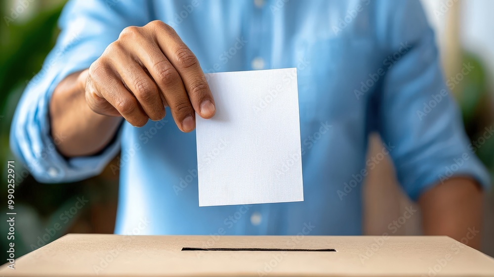 Person casting a vote in a ballot box, highlighting civic engagement and democracy. Person casting a vote in a ballot box, highlighting civic engagement and democracy.