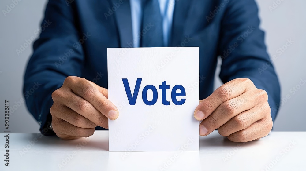 Person holding a 'Vote' sign, promoting civic engagement and the importance of participating in elections. Person holding a 'Vote' sign, promoting civic engagement and the importance of participating in elections.