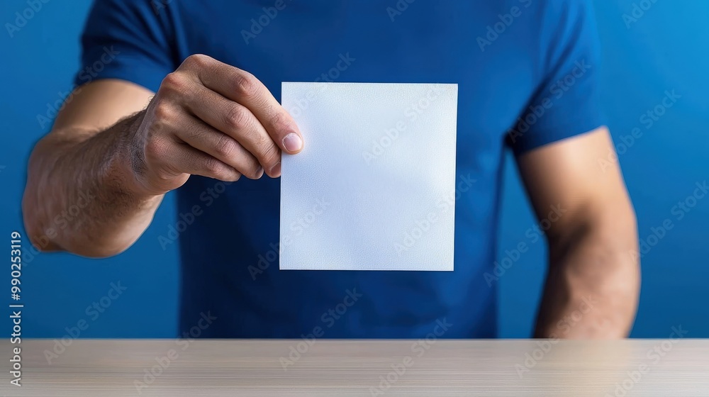 Person holding a blank white sheet of paper in front of a blue background, symbolizing creativity and ideas. Person holding a blank white sheet of paper in front of a blue background, symbolizing creativity and ideas.
