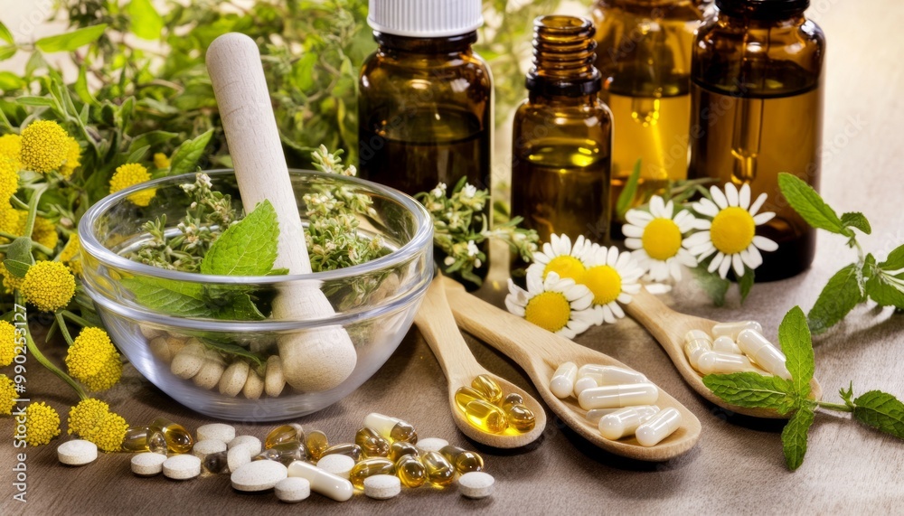 Healing herbs, oils, and natural supplements arranged in a holistic, wellness-focused setup, emphasizing the connection between nature and health. Healing herbs, oils, and natural supplements arranged in a holistic, wellness-focused setup, emphasizing the connection between nature and health.