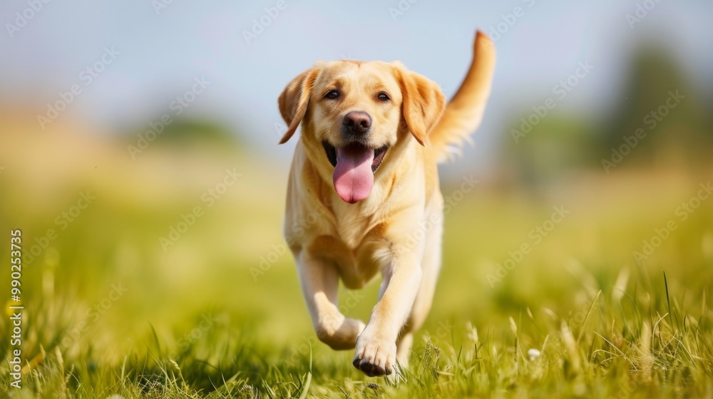 Golden Labrador Retriever Running Through Grass Golden Labrador Retriever Running Through Grass