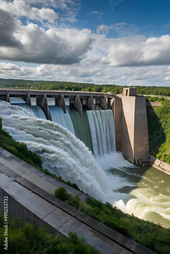 Majestic Hydroelectric Dam Powering Renewable Energy in Lush Mountain Landscape. Engineering, Technology. photo