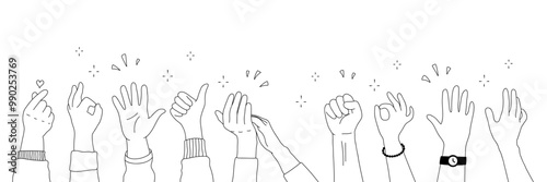 Applause hands set on doodle style. Human hands sketch, scribble arms wave clapping on white background, thumb up gesture silhouette, vector illustration