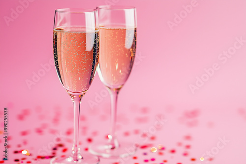 Two glasses of champagne. Party, holiday. Confetti, pink background. Copyspace for your text.