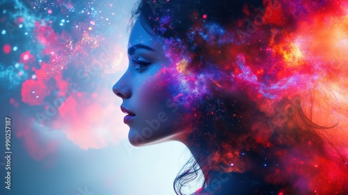 beautiful fantasy abstract portrait of a beautiful woman double exposure with a colorful digital paint splash or space nebula, generative ai photo