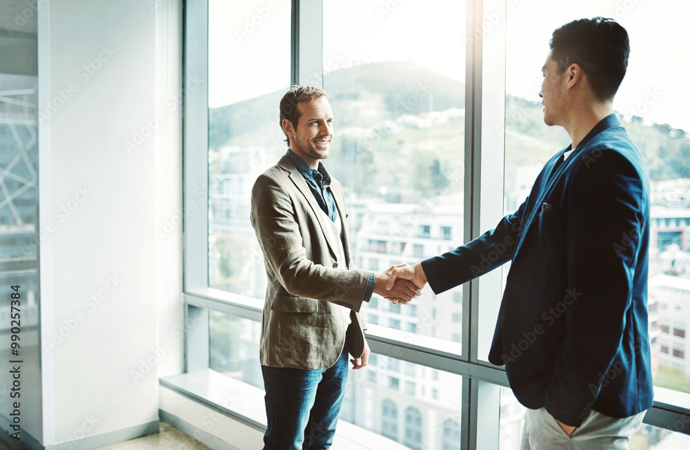 Corporate, men and meeting with handshake by window for negotiation, partnership and project agreement. Architect, people and deal success for introduction of recruitment, thank you and b2b promotion