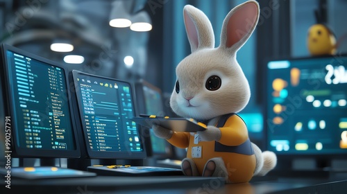 Business rabbit checking financial data on multiple screens, fastpaced and techsavvy, cartoon illustration photo