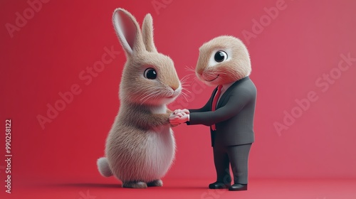 Cartoon rabbit closing a business deal, shaking hands with a client, confident and dynamic, colorful business environment photo