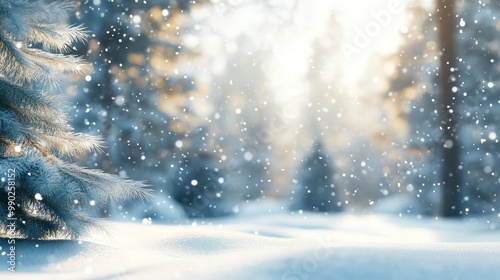 blur white snow and pine forest winter background. Christmas and new year backdrop for festive seasonal decoration