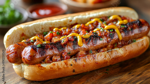 Grilled hot dogs on a toasted bun with mustard and bacon bits photo