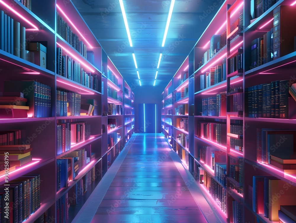Virtual Library with Shelves Rearranging to Personalized Learning Paths  Glowing Books Illuminating Futuristic Concept