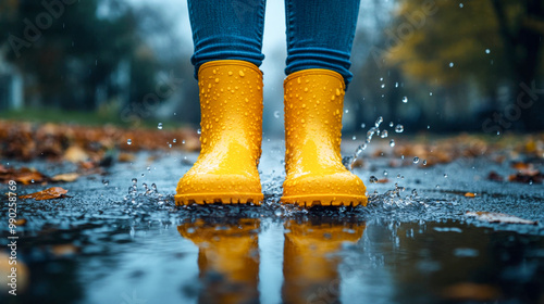 Person wearing yellow rubber boots is standing in a puddle on a rainy autumn day