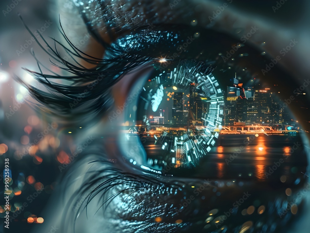 Bionic Eye Showcasing Night Vision Capabilities of Person Viewing Nocturnal Cityscape Bionic Eye Showcasing Night Vision Capabilities of Person Viewing Nocturnal Cityscape