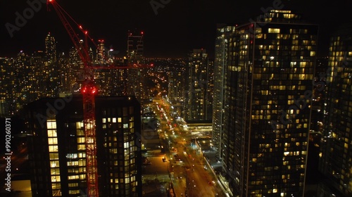 Wallpaper Mural Cityscape at Night with Construction Crane and Illuminated Windows Torontodigital.ca