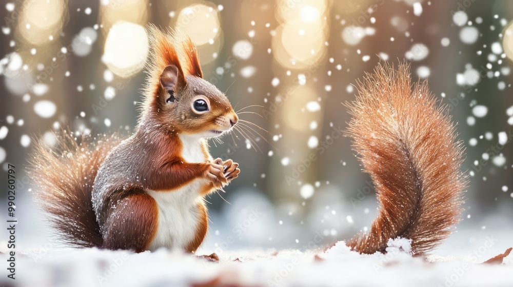 Cute red squirrel in the falling snow against the background of a pine forest. Winter time background Cute red squirrel in the falling snow against the background of a pine forest. Winter time background