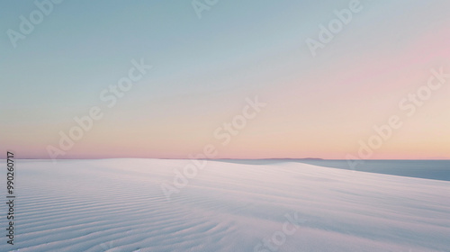 a serene and surreal landscape where the sky meets a vast pink salt flat bordered by gentle slopes. The scene is bathed in a soft dawn light, creating a tranquil glow. The pastel colors and minimalist