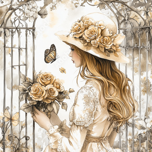 Watercolor illustration of a lady wearing a hat holding roses, backview, roses and trellis and garden gate with a butterfly nearby , a beautiful view over a garden photo