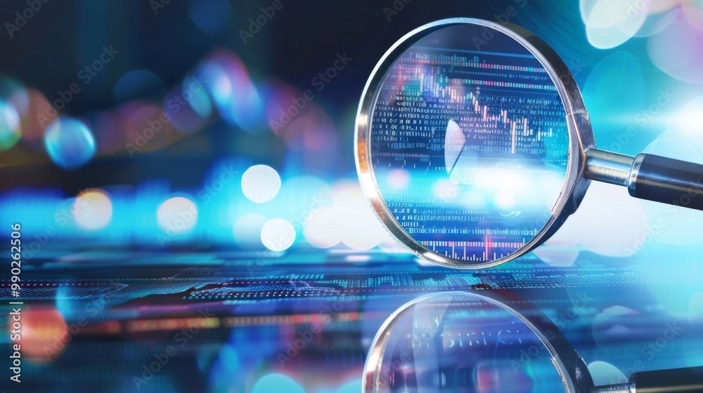 A magnifying glass focusing on intricacies of a glowing financial chart against a blurred background
