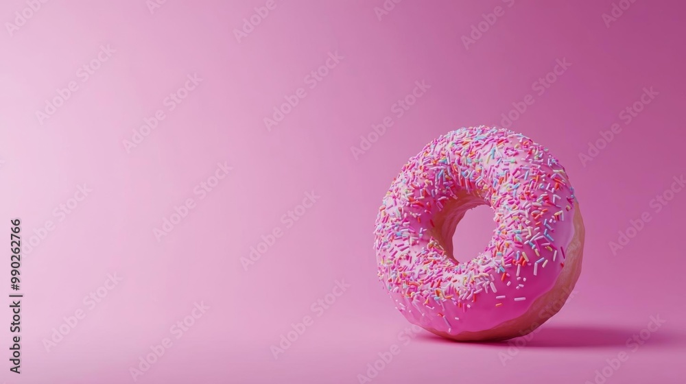 3D render of a globe made from a pink doughnut with sprinkles, against a solid, stark gradient background 3D render of a globe made from a pink doughnut with sprinkles, against a solid, stark gradient background