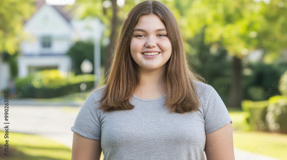Happy Overweight Teenage Girl with Long Brown Hair Smiling Outdoors in a Residential Neighborhood Happy Overweight Teenage Girl with Long Brown Hair Smiling Outdoors in a Residential Neighborhood