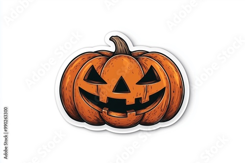 Bright and bold sticker art of a Halloween pumpkin with makeup-like details in a cartoon style on a white studio background 