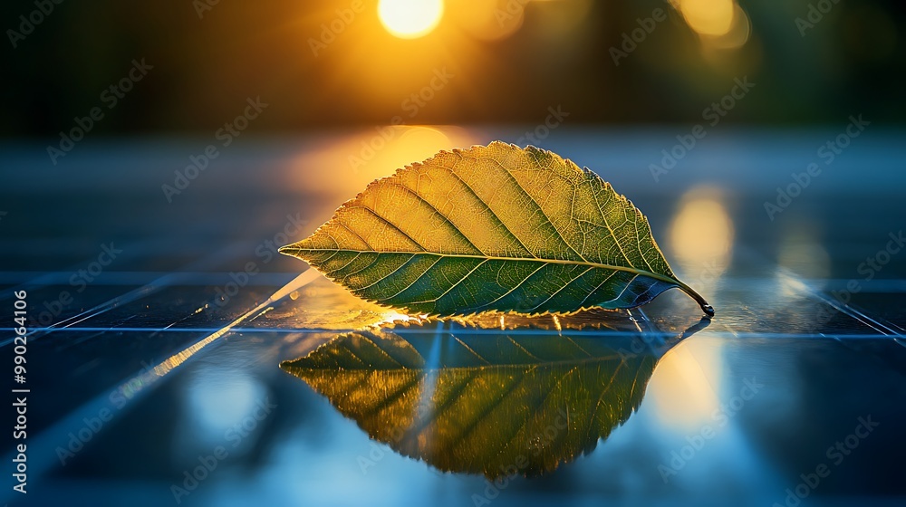 A close-up of a solar panel reflecting the sky, with a leaf resting on it, symbolizing green energy A close-up of a solar panel reflecting the sky, with a leaf resting on it, symbolizing green energy