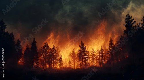 Dramatic Forest Fire Scene with Glowing Orange Flames and Smoke-Filled Sky