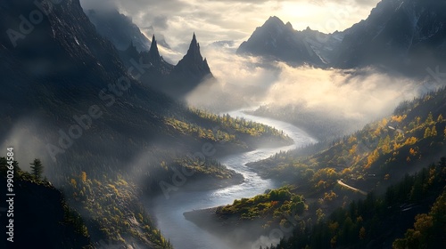 Winding River Through Smoky,Mountainous Landscape,Timeless and Mysterious