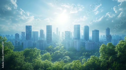 A digital interface showing a blueprint of a smart, green city powered by renewable energy