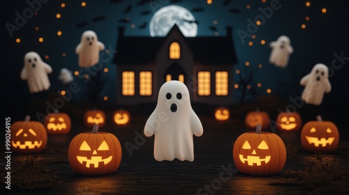 Spooky Halloween scene with ghosts and carved pumpkins. photo