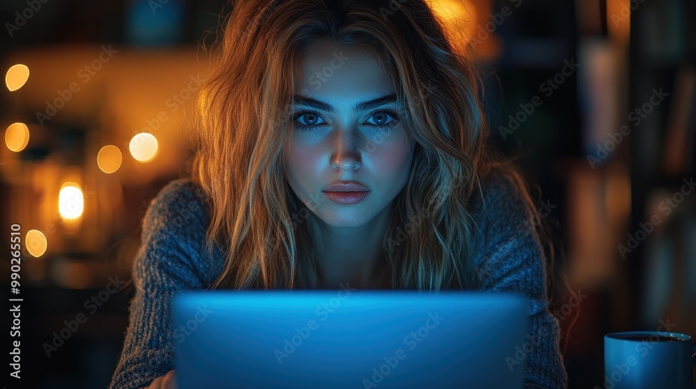 Woman Working On Laptop At Night Woman Working On Laptop At Night