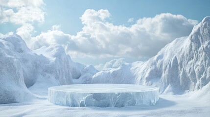 Ice podium background snow winter product platform cold mountain 3D. Podium ice display background cosmetic sky floor blue scene landscape frozen white cool stand pedestal minimal rock glacier nature.