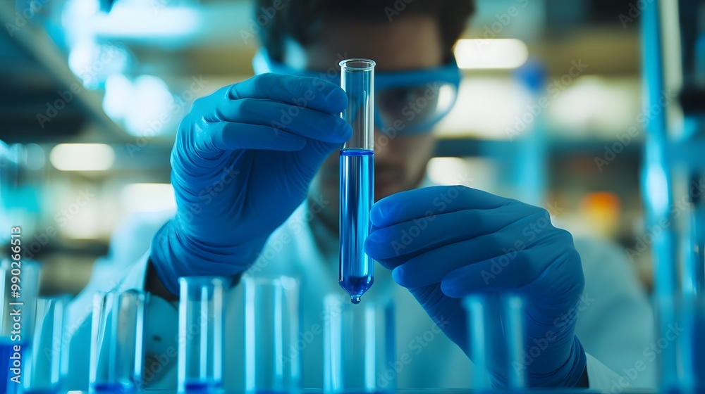 Scientist in a Lab Holding a Test Tube with Blue Liquid