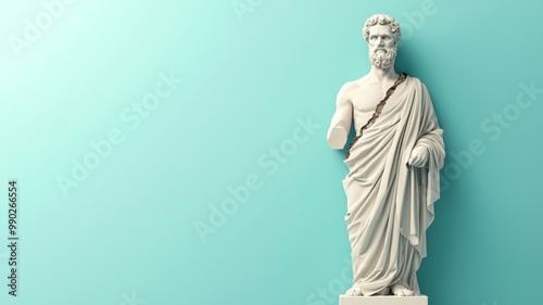 A white marble statue of a classical figure stands against a soft turquoise background, embodying ancient artistry and elegance.