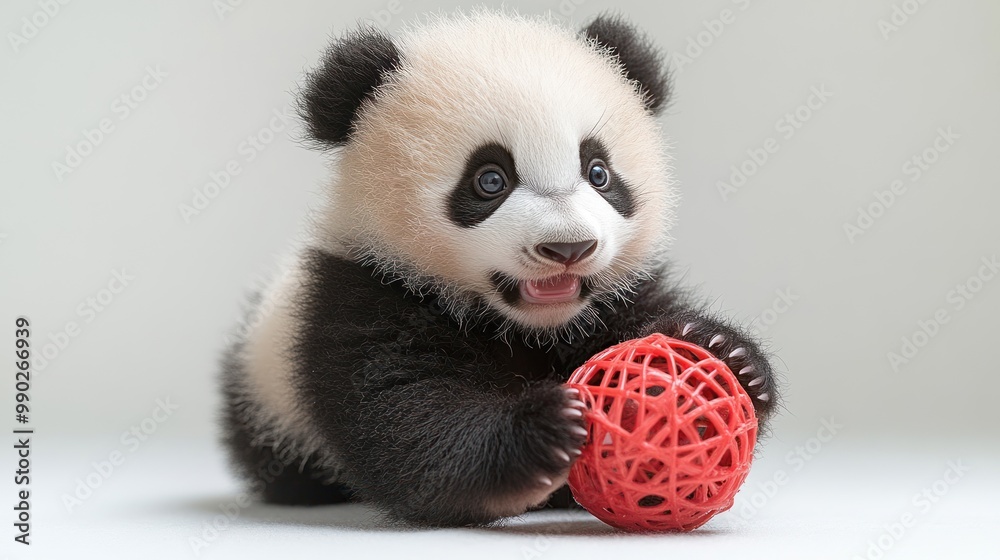 Adorable Panda Cub Playing with Red Ball Adorable Panda Cub Playing with Red Ball