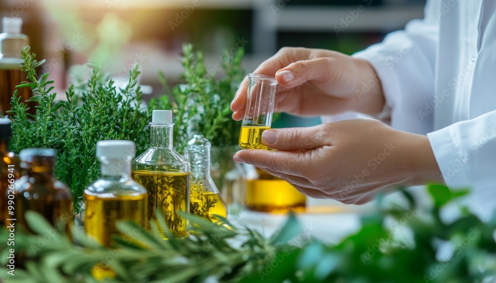 Hands carefully mixing essential oils in a glass vial, representing the process of creating natural products and remedies through herbal science and aromatherapy. Hands carefully mixing essential oils in a glass vial, representing the process of creating natural products and remedies through herbal science and aromatherapy.