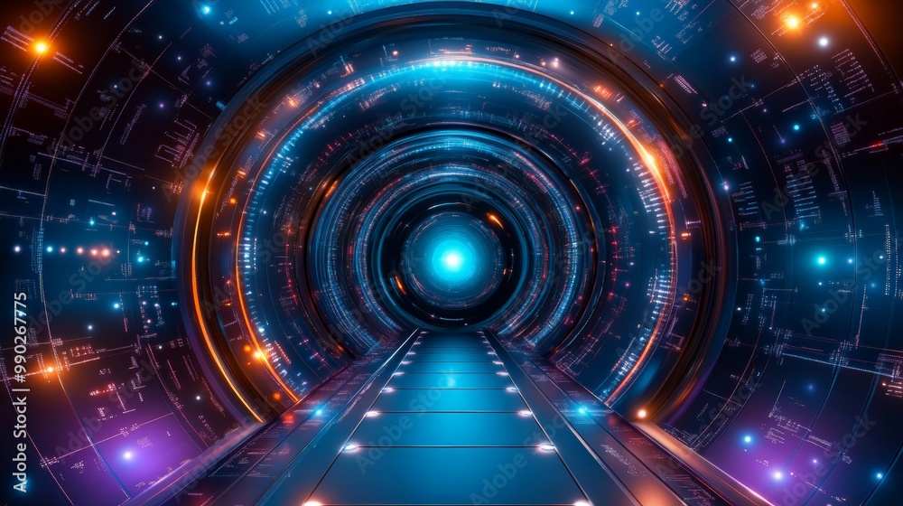 Obraz premium Futuristic Sci-Fi Tunnel of Glowing Lights and Starry Skies