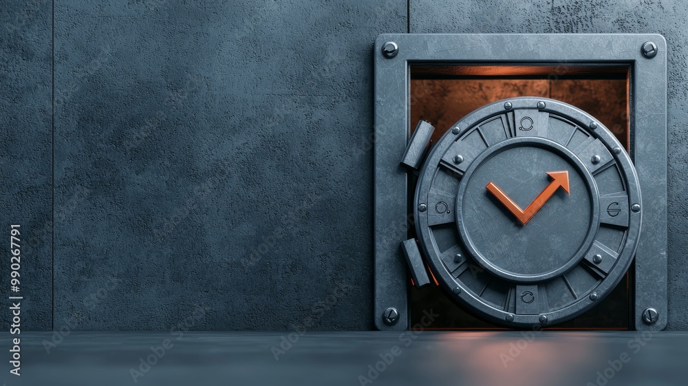 A metallic safe's dial is illuminated, hinting at security and mystery against a textured gray background. A metallic safe's dial is illuminated, hinting at security and mystery against a textured gray background.