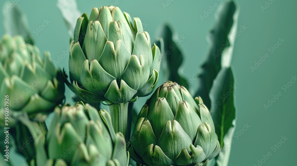 Obraz premium Artichokes in vibrant green color on a green background, highlighting their natural, fresh appearance.