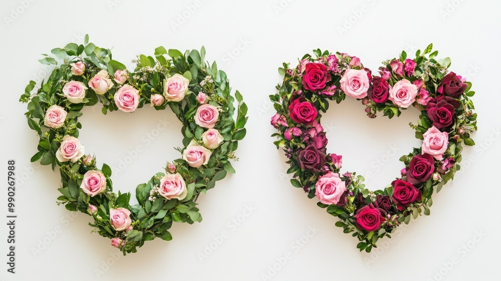 Two heart-shaped wreaths made from fresh roses and greenery, one in soft pink and the other in deep red, on a white background. Two heart-shaped wreaths made from fresh roses and greenery, one in soft pink and the other in deep red, on a white background.