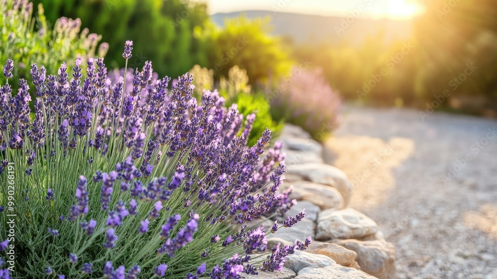 Obraz premium Lavender growing along a sunlit wall covered in vines, with soft shadows and rich textures.
